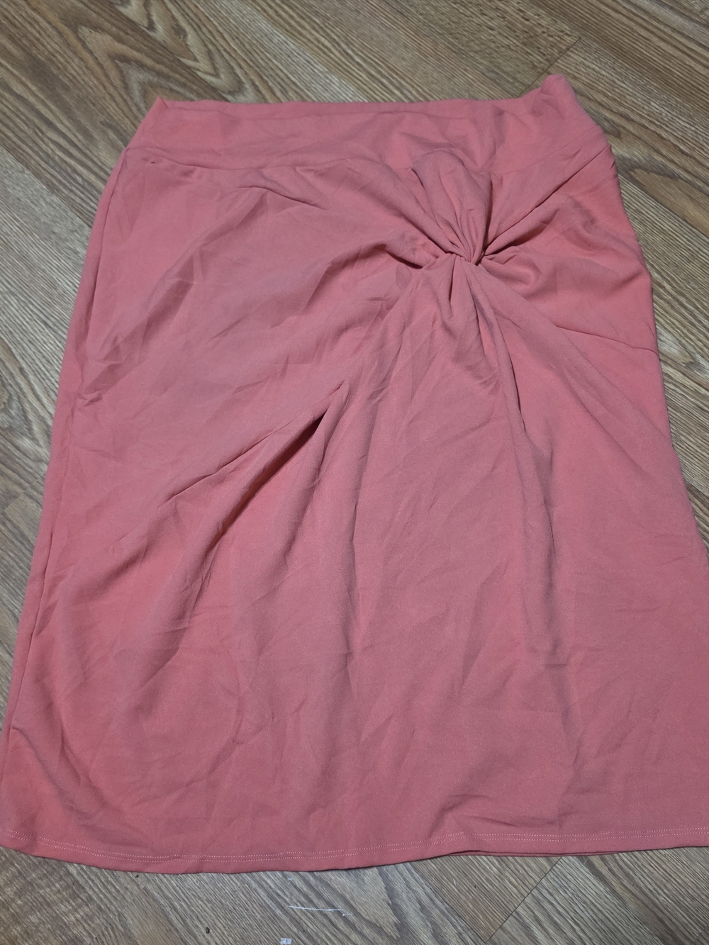 Twist-Front Coral Pink Skirt With Back Kick Pleat